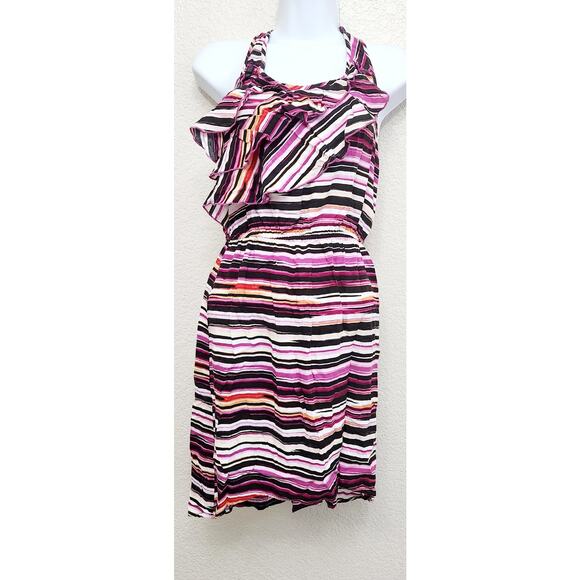 Self Esteem Purple Black White Striped Hi Low Ruffled Bodice Mini Dress Medium - Picture 1 of 4